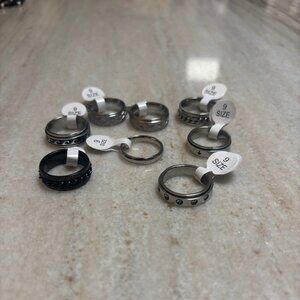 8 Silver/Black Rings, Sized 9, Still With Tag